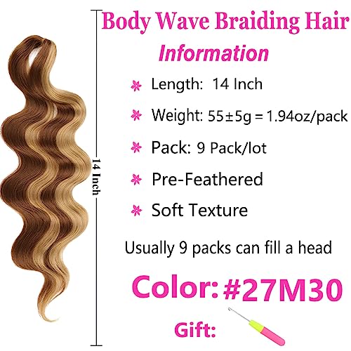 COOKOO 9 Packs Body Wave Braiding Hair 14 Inch Pre Feathered Mix Blond and Brown Bouncy Braiding Hair French Curl Wavy Braids Ocean Deap Twist Synthetic Hair for Boho Box Braids(27M30#)