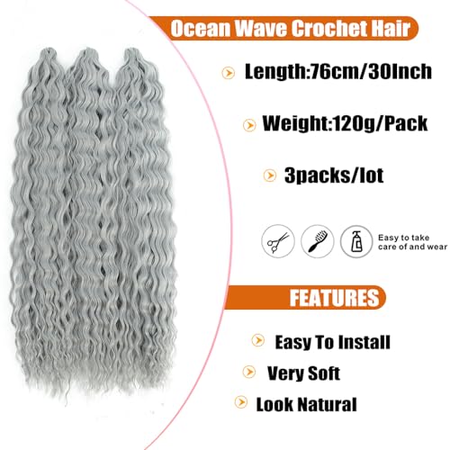 Felek 30inch Ocean Wave Crochet Braiding Hair 3 Packs Ashy Grey Color Long Water Wave Boho Synthetic Soft Wavy Curly Crochet Braids Hair For Black Women (Grey)