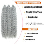 Felek 30inch Ocean Wave Crochet Braiding Hair 3 Packs Ashy Grey Color Long Water Wave Boho Synthetic Soft Wavy Curly Crochet Braids Hair For Black Women (Grey)