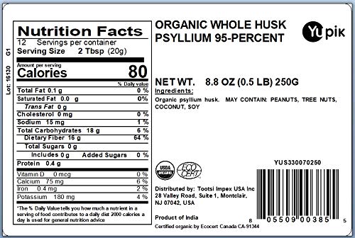 Yupik Organic Whole Husk Psyllium 8.8 Oz (Pack of 6), 95% Purity, Soluble Fiber, USDA Certified, Non-GMO, Kosher, Gluten-Free, Sugar-Free & Fat-Free, Unflavored, Plant-Based