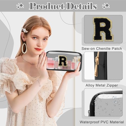 Personalized Initial Letter Clear Makeup Bag,Preppy Small Nylon&PVC Cosmetic Zipper Bag with Chenille Letter,Travel Skincare Toiletry Bag,Monogram Christmas Gift for Teen Girls Women,R