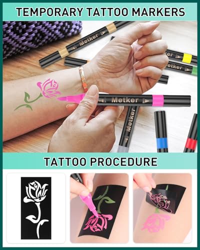 Temporary Tattoo Markers for Skin | Dual-End 16-Count Body Markers + 77 Large Tattoo Stencils | Temporary tattoos for Adults and Kids | Flexible Brush Tip, Bright colors, Skin-Safe*, Cosmetic-Grade