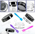 MotBach 100 Pcs 5g Empty Plastic Containers with Black Lids,Mini Makeup Sample Containers, Small Sample Pot Jars Round Cosmetic Jars with Mini Spatulas for Liquid Sample Powder Creams Lotions
