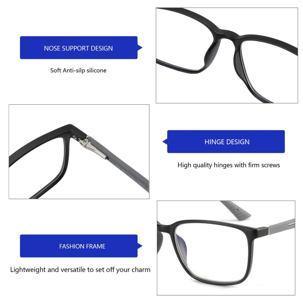 BLUEMOKY Blue Light Reading Glasses for Men，Sport Square Frame Readers, Anti Glare Computer Glasses(Black,2.00)