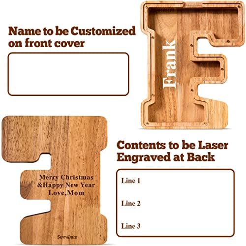 Summidate Customized Name Large Wooden Piggy Bank for Kids Boys Girls Alphabets Letter A-Z Coins Bills Money Change Bank Box Initial on Clear Cover (Laser Engraved) (Alphabet-F, Personalized-9")
