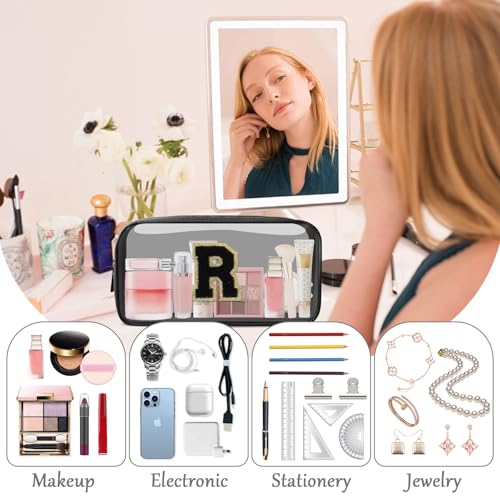 Personalized Initial Letter Clear Makeup Bag,Preppy Small Nylon&PVC Cosmetic Zipper Bag with Chenille Letter,Travel Skincare Toiletry Bag,Monogram Christmas Gift for Teen Girls Women,R