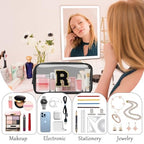 Personalized Initial Letter Clear Makeup Bag,Preppy Small Nylon&PVC Cosmetic Zipper Bag with Chenille Letter,Travel Skincare Toiletry Bag,Monogram Christmas Gift for Teen Girls Women,R