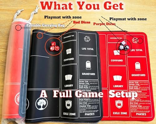 Card Game Playmats MTG Playmat for Beginner 2 Pack with Dices, Magic Mat Commander Deck Card Playmat for TCG MTG Accessories Play Mat 24x14 Inches Duel Card Battles, Black/Red