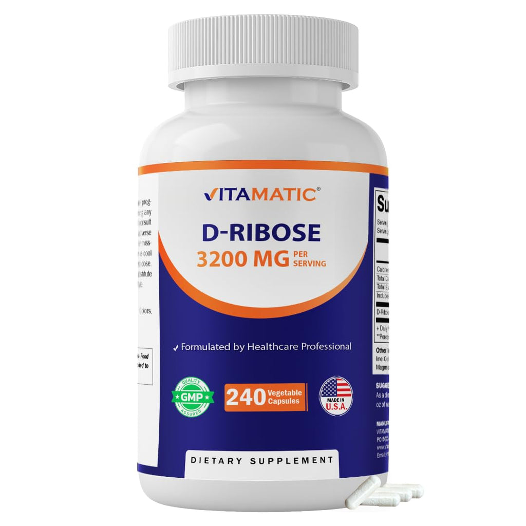 Vitamatic D-Ribose 3200 mg per Serving – Energy Support Supplement – 240 Vegetarian Capsules – Non-GMO & Gluten Free, Made in USA