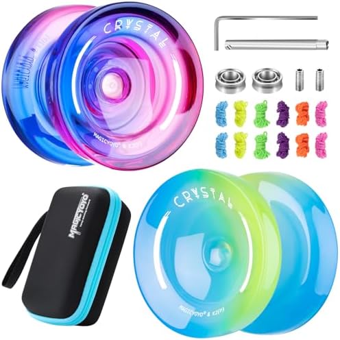 MAGICYOYO Gift Pack of 2 Yoyos K2, Responsive Yoyo for Kids Beginners, Dual Purpose Plastic Yoyo with Extra Unresponsive Yo Yo Bearing+ Removal Tool + 12 Yoyo Strings+ Yo-yo Case(Crystal Gradient)