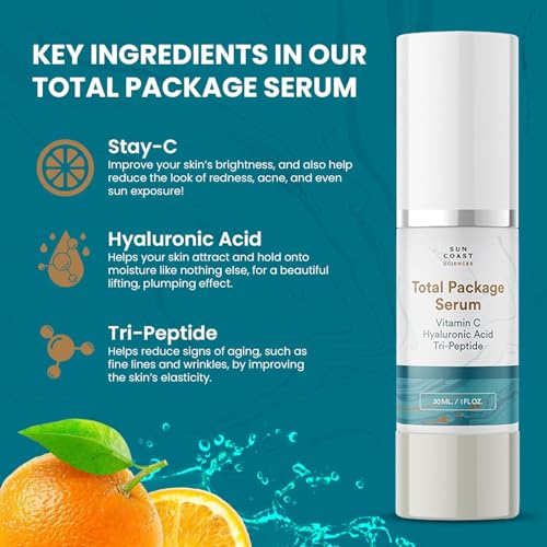 Sun Coast Sciences Total Package Serum - Vitamin C Serum with Hyaluronic Acid & Peptides for Face - Hydrating Anti Aging Face Serum for Smoother, Firmer Looking Skin - 1 Fl Oz (Pack of 1)