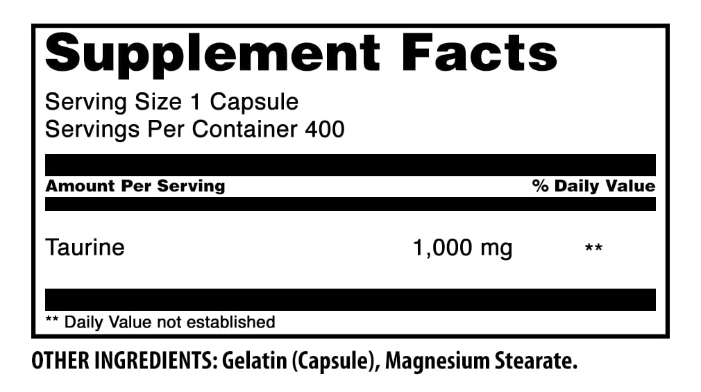 Amazing Formulas Taurine 1000 Mg | Capsules Supplement | Non-GMO | Gluten-Free | Made in USA (400 Capsules)