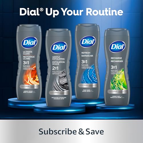 Dial Men 3 in 1 Body, Hair and Face Wash, Ultimate Clean, 16 Fl Oz, Pack of 4, Amber Woods Scent, Cleanses Deep + Gentle on Skin with Clean Rinse Technology
