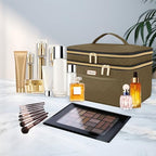 Double Layer Travel Makeup Bag Women, Large Cosmetic Case, Organizer for Travel-Size Accessories Bottles, Brushes, and Skin Care Products (Brown, Double-Layer)