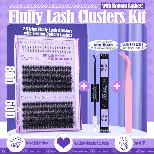 Yawamica Fluffy Lash Clusters Kit DIY Lash Extension Kit with Bottom Lashes Wispy Cluster Eyelash Extension 10-18MM 60D+80D Individual Lashes Kit with Lash Bond and Seal and Applicator for Beginners