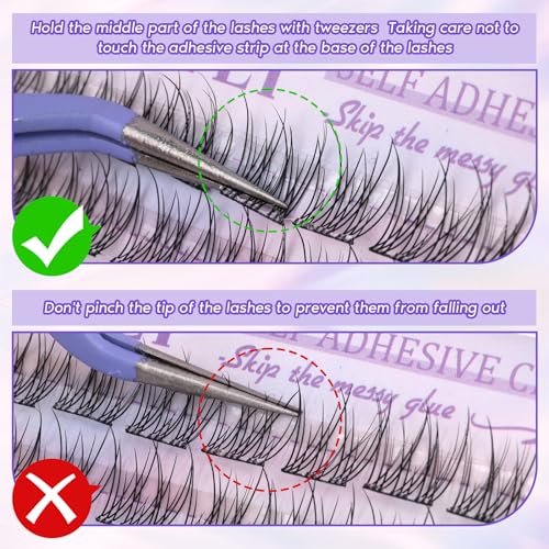 Self Adhesive Cluster Lashes Natural No Glue Individual Lashes Wispy Self Adhesive Eyelash Clusters with Clear Self Adhesive Strips DIY Eyelash Extensions(10-12MM)