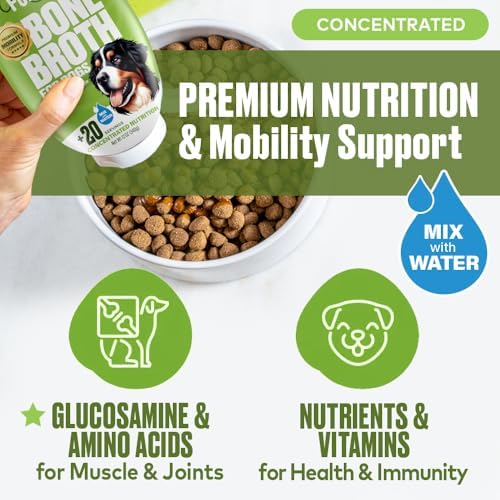Mobility Support Beef Bone Broth for Dogs | Hip & Joint Support for Dogs | Glucosamine & Amino Acid Boosted | Human Grade Ingredients | Just add Water | Made in USA, 12 oz