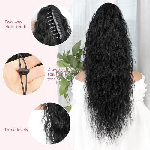 ALXNAN Claw Clip Ponytail,30 Inch Black Ponytail Extension for Women Synthetic Long Curly Wavy Clip in Ponytail Hair Extensions Synthetic Hairpiece for Daily Party Use