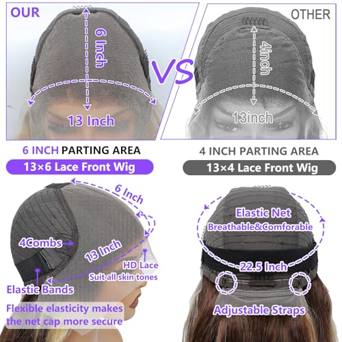Honey Blonde Ombre Lace Front Wig Human Hair Highlight Body Wave 13X6 Lace Front Wigs Human Hair Pre Plucked HD Frontal 180 Density Glueless 4/27 Highlighted Human Hair Wig 30 Inch