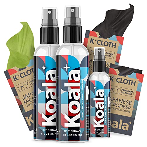 Koala Eyeglass Lens Cleaner Spray Kit | (2x) 8 oz + (1x) 2 oz Glasses Cleaner Bottle + 3 Microfiber Cloth | Alcohol Free Screen and Camera Cleaning Kit (6 Piece Set)