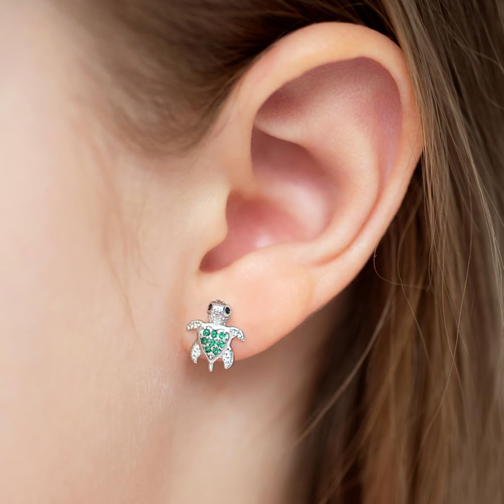 In Season Jewelry Tiny Sea Turtle Kids Earrings – Sterling Silver - Green