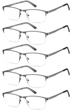 EYECEDAR 5 Pack Reading Glasses Men Blue Light Blocking Eyeglasses Gunmetal Gray Metal Half Frame Spring Hinges Readers for Men and Women 1.5