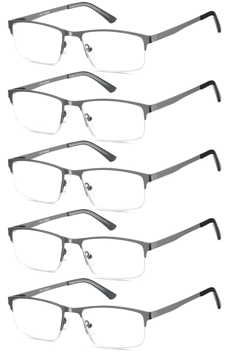 EYECEDAR 5 Pack Reading Glasses Men Blue Light Blocking Eyeglasses Gunmetal Gray Metal Half Frame Spring Hinges Readers for Men and Women 2.5