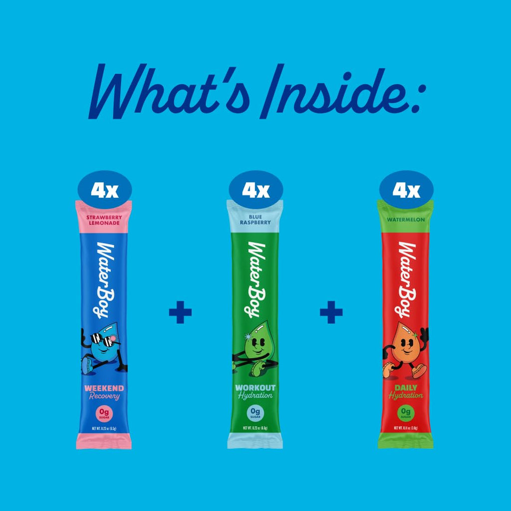 Waterboy - Hydration Recovery, Sample Pack, Sugar Free Electrolytes Powder Drink Mix - 12ct Hydration Packets