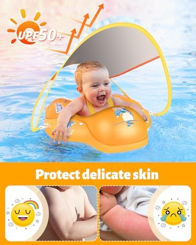 LAYCOL Baby Swimming Float Inflatable Baby Pool Float Ring with Sun Protection Canopy,add Tail no flip Over for Age of 3-36 Months
