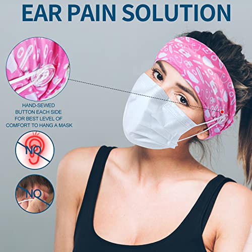 WILLBOND 8 Pieces Nursing Headbands with Buttons for Nurses Doctors Women Face Covering Ear Protection Holder Non Slip Elastic Hair Bands Wide Head Wraps for Spa Yoga Sports Workout (Cute Patterns)