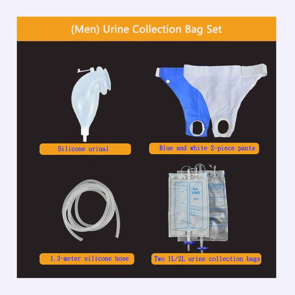 Condom Catheter Urine Collection Bag Reusable Wearable Silicone Urine Drainage Device with 2 Catheter Bag Systems 2 Piece Pants Set (Men Blue+White)