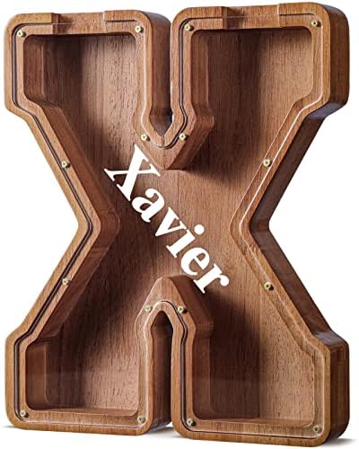 Summidate Customized Name Extra Large Wooden Piggy Bank for Kids Boys Girls Alphabets Letter A-Z Coins Bills Money Change Saving Box Clear Cover (Laser Engraved) Educational Toys 12"- Letter X