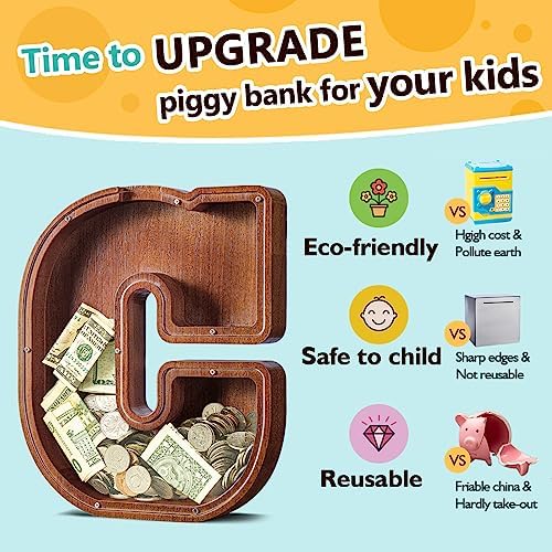 Summidate Large Wooden Piggy Bank for Kids Adults, Alphabets Letter A-Z Piggy Bank for Boys Girls, Coins Bills Change Bank Box Personalized Initial Name Kids Money Bank for Birthday Present and Decor