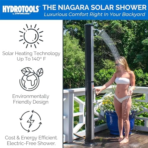 HYDROTOOLS By SWIMLINE 2 Section Niagara Rainfall Solar Shower 7 Feet | Adjustable Head & Foot Tap Spigot | 10 Gal Capacity Up To 140 Degrees | Environmentally Friendly | Outdoor Backyard Poolside Spa