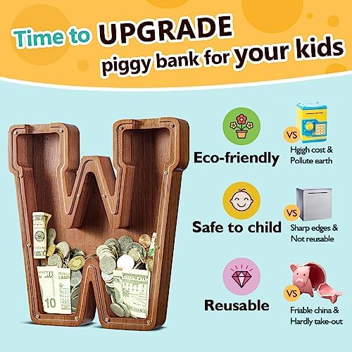 Summidate Customized Name Extra Large Wooden Piggy Bank for Kids Boys Girls Alphabets Letter A-Z Coins Bills Money Change Saving Box Clear Cover (Laser Engraved) Educational Toys 12"- Letter W