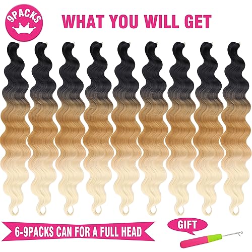 Unionbeauty 24 Inch Body Wave Braiding Hair 9 Packs Pre-Feathered Braiding Hair for Boho Box Braids Crochet Hair Ombre Brown Blonde Synthetic Crochet Braids Hair Extensions for Black Woman(1B/27/613#)