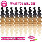 Unionbeauty 24 Inch Body Wave Braiding Hair 9 Packs Pre-Feathered Braiding Hair for Boho Box Braids Crochet Hair Ombre Brown Blonde Synthetic Crochet Braids Hair Extensions for Black Woman(1B/27/613#)