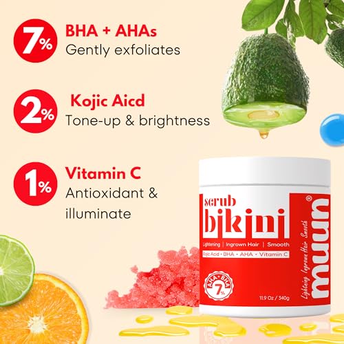 Bikini Area Exfoliator, 2% Kojic Acid Vitamin C & 7% AHA/BHA Even Skin Tone & Ingrown Hair - Underarm Scrub - Radian, Smoothe & Soften Body Scrub