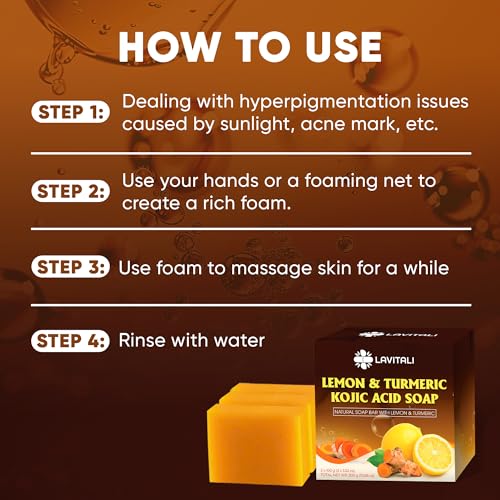 Lemon Turmeric Kojic Acid Soap, Natural soap, Handmade, Sugar/Caffeine/Gluten Free, 100% Natural & Pure from Lemon and Turmeric, Deep Cleansing for All Skin Types Body Care Body Wash 3 Bars