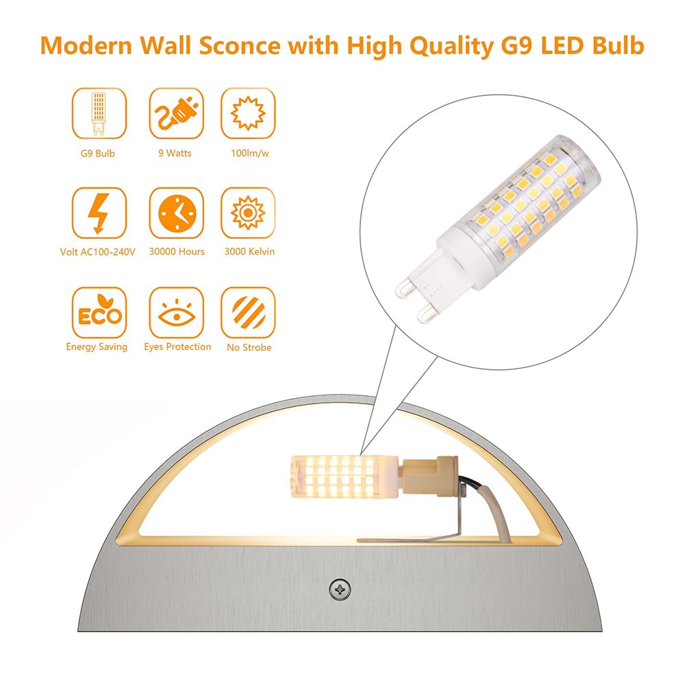Aipsun Nickel Modern LED Wall Sconce Hardwired Indoor Wall Lights 1 Pack Up and Down Wall Mount Light for Living Room Bedroom Hallway Corridor Conservatory Warm White 3000K(with G9 Bulbs)