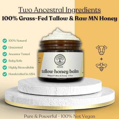 Beef Tallow for Skin | TALLOW HONEY BALM | 2 Ingredients | 100% Grass-Fed Tallow & Raw MN Honey | Whipped & UNSCENTED | Whole Body & Face Balm for Sensitive, Dry Skin, Eczema, Psoriasis, Rosacea (2oz)
