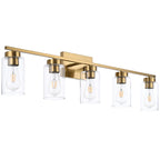 A1A9 5 Light Bathroom Vanity Light Fixtures, Brushed Brass Modern Wall Lights with Clear Glass Shade, Vintage Wall Sconce Lighting for Living Room, Mirror, Bedroom, Hallway (Gold, 5-Lights)
