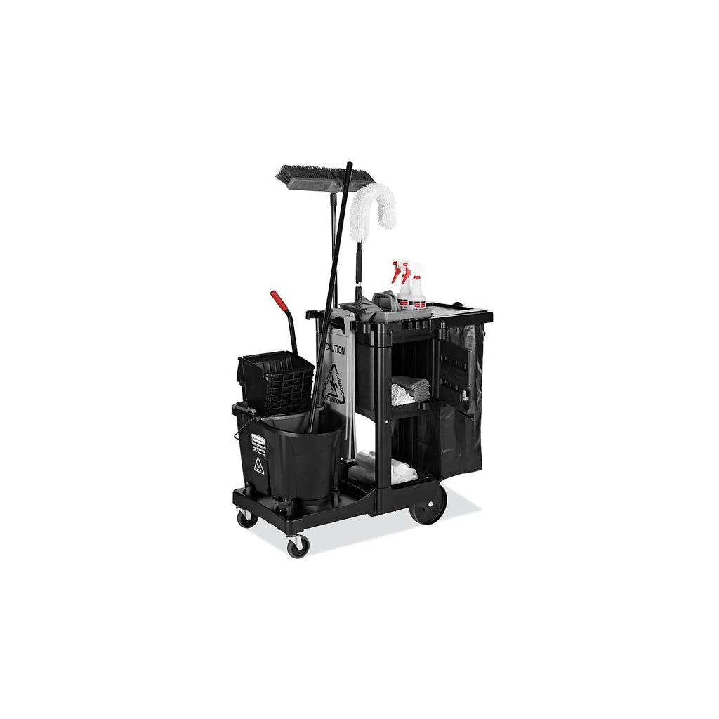 Rubbermaid Commercial Products Executive Series Janitorial and Housekeeping Cleaning Cart with Locking Cabinet, Wheeled with Zippered Black Vinyl Bag, Black, 38.4" H x 21.8" W x 46" L