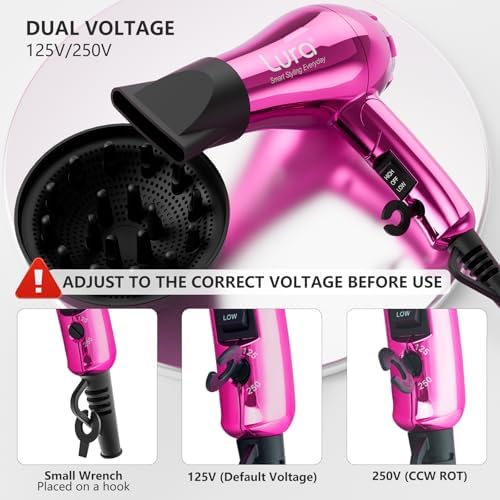 LURA Mini Portable Travel Hair Dryer:Dual Voltage Small Lightweight Blow Dryer with EU Plug,1200W Compact Hairdryer with Folding Handle,with Concentrator&Diffuser Attachment,for Women and Men(Purple)