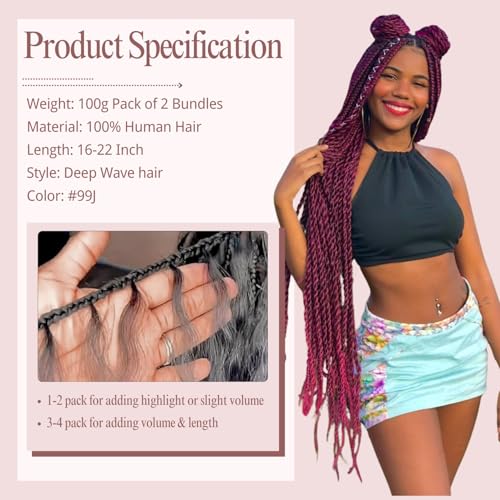 Burgundy Human Braiding Hair 100g 18 Inch Deep Wave Bohemian Hair for Braiding, No Weft, 99J, Boho Braids, 2 Bundles/Pack