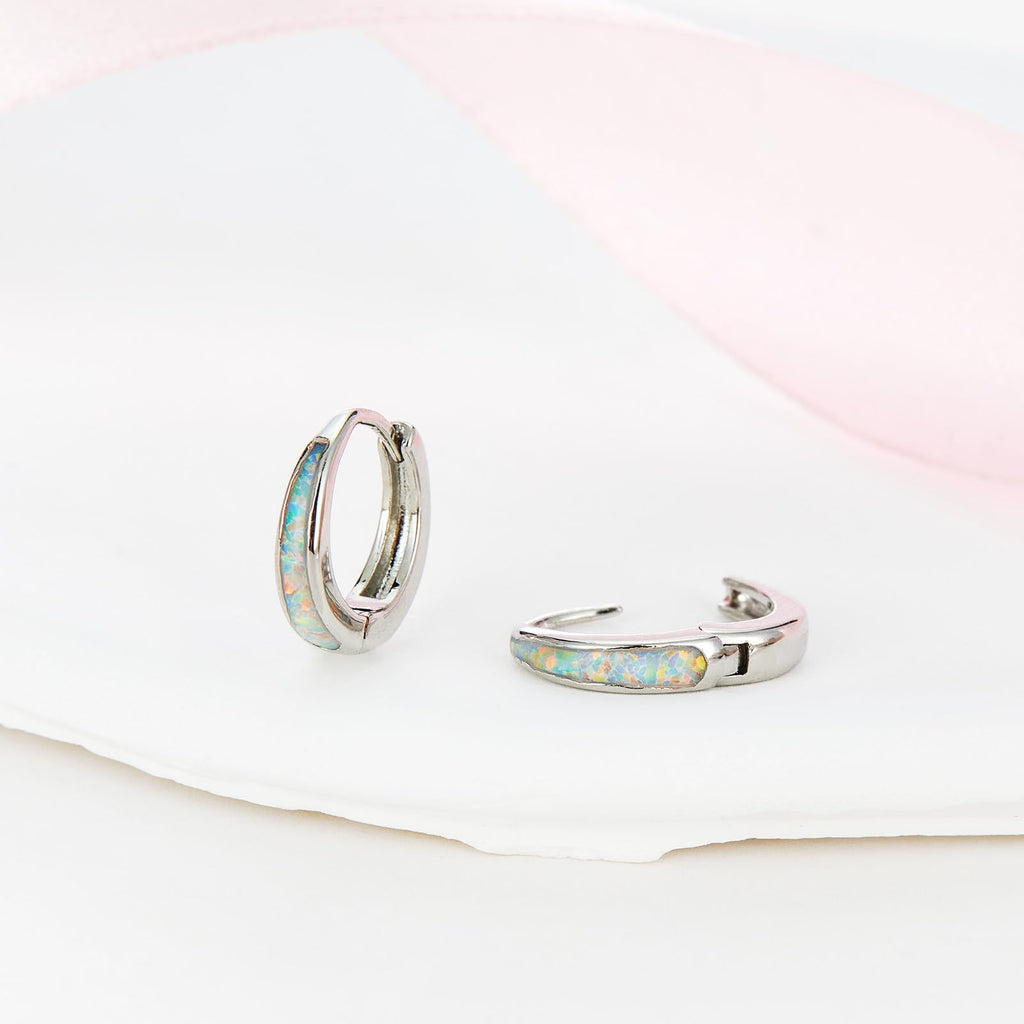 Silver Earrings for Women Trendy White Opal Huggie Earrings Small Silver Hoop Earring 14k Gold Plated Opal Jewelry Birthday Gifts for Women Mom Her