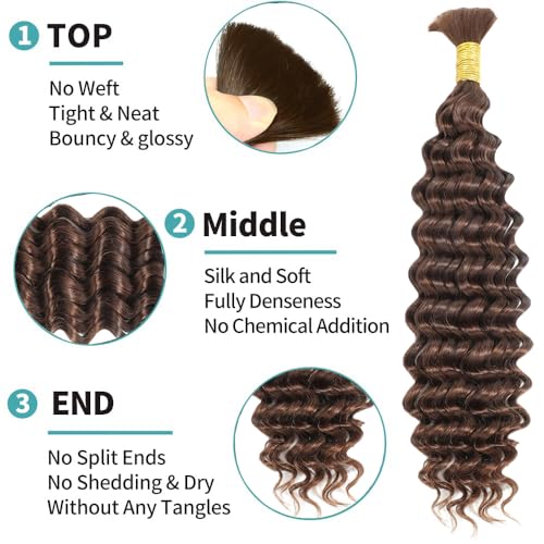 Chocolate Brown Braiding Hair Deep Wave Boho Braids 16Inch No Weft 100g 10A Brazilian Virgin Curly Human Boho Braiding Hair Wet and Wavy Color 4 Remy Hair Extensions