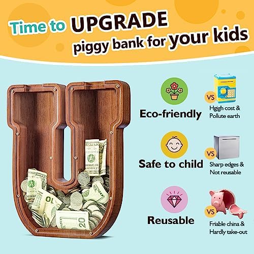 Summidate Customized Name Extra Large Wooden Piggy Bank for Kids Boys Girls Alphabets Letter A-Z Coins Bills Money Change Saving Box Clear Cover (Laser Engraved) Educational Toys 12"- Letter U