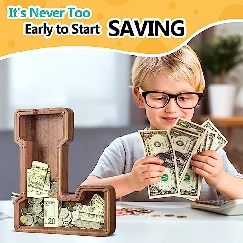 Summidate Customized Name Extra Large Wooden Piggy Bank for Kids Boys Girls Alphabets Letter A-Z Coins Bills Money Change Saving Box Clear Cover (Laser Engraved) Educational Toys 12"- Letter L