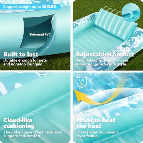 SLOOSH Inflatable Tanning Pool Lounger Float,85" x 57" Extra Large Pool Floats Adult with Pillow,4 in 1 Suntan Tub Raft Floatie,Sunbathing Bed Lounge Blow Up Ball Pit Party Gifts,XL-Cyan White